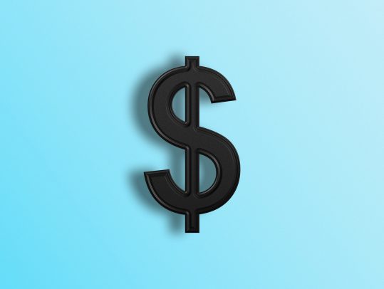 A black dollar sign on a blue background