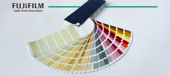 A color fan lays spread out on a white background with the Fujifilm logo in the corner