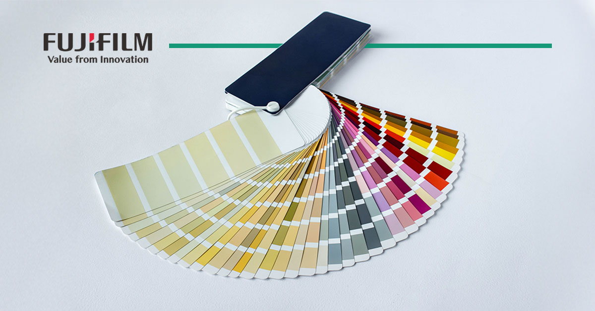A color fan lays spread out on a white background with the Fujifilm logo in the corner